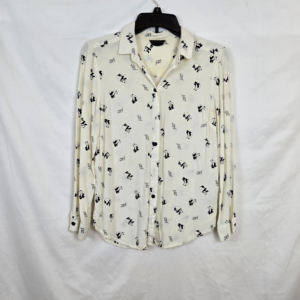 Topshop Women's Ivory Black Panda Print Long Sleeve Button Career Shirt Sz‎ 4